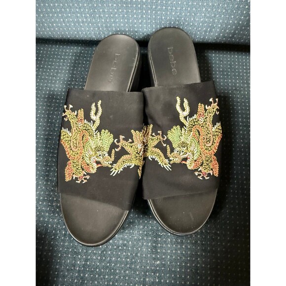 Bebe Platform Dragon Embroidered Elastic Band Slides SZ 9 Vintage Y2K - Picture 2 of 10